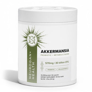 Akkermansia Probiotic supplement container showcasing 570mg and 30 billion CFU for digestive health.