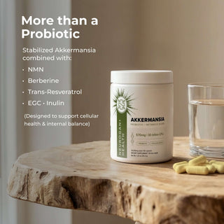 Akkermansia Probiotic supplement designed for gut health and internal balance with 30 billion CFU in a 570mg capsule.