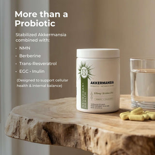 Akkermansia Probiotic supplement designed for gut health and internal balance with 30 billion CFU in a 570mg capsule.