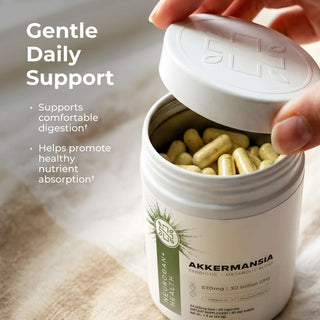 Akkermansia capsules in white bottle with lid open, 570mg, 30 billion CFU, 30 capsules, probiotic supplement.