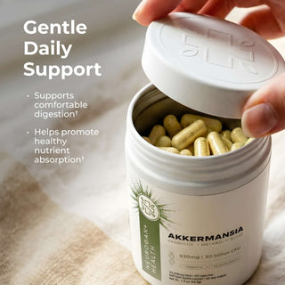 Akkermansia capsules in white bottle with lid open, 570mg, 30 billion CFU, 30 capsules, probiotic supplement.