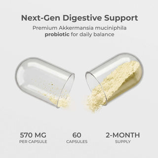Akkermansia as next-gen digestive support. 570MG per capsule, 60 total capsules, 60 day supply.