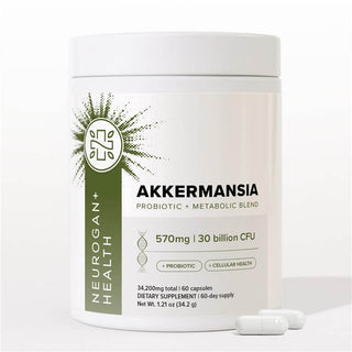 Akkermansia Probiotic dietary supplement container with 570mg capsules, 30 billion CFU for gut health.