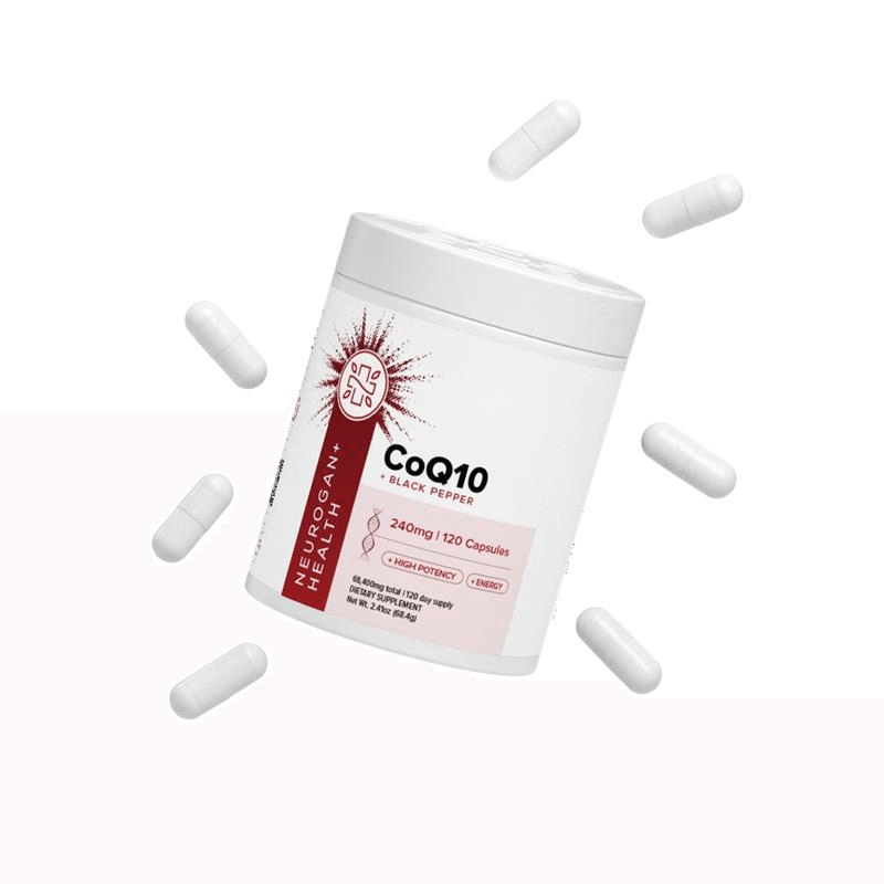 CoQ10 supplement with black pepper, 240mg, 120 capsules, promoting heart health and energy production.
