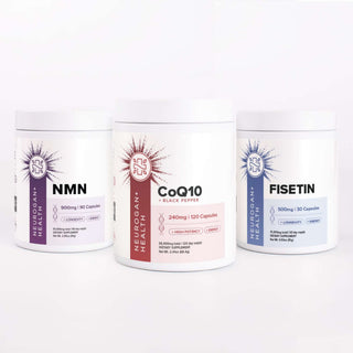 The Cognition Stack supplement bundle featuring NMN, CoQ10, and Fisetin for enhanced brain health.