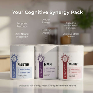 The Cognition Stack supplement bundle showcasing Fisetin, NMN, and CoQ10 for enhanced brain health and clarity.