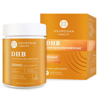 Dihydroberberine Capsules packaging with 250mg per serving, dietary supplement in a white jar and orange box.
