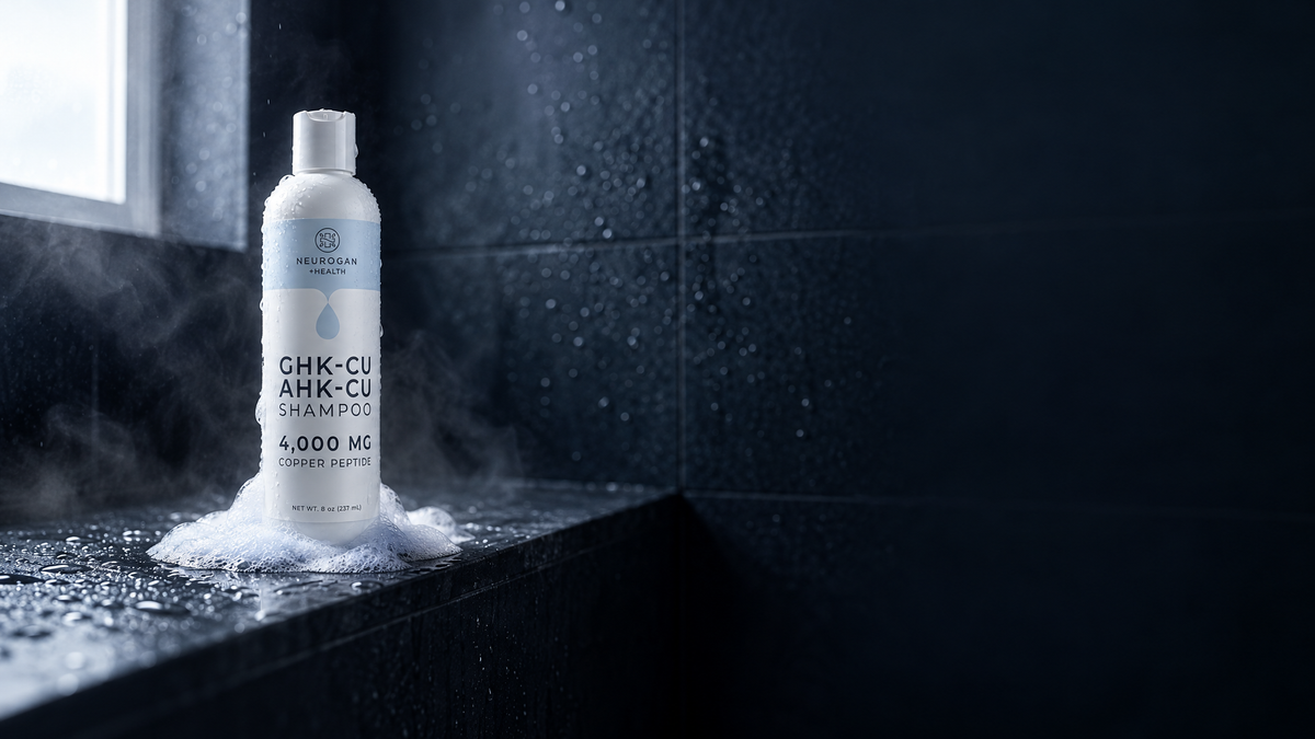 GHK-Cu + AHK-Cu Shampoo bottle on a wet slate shower ledge with a little lather