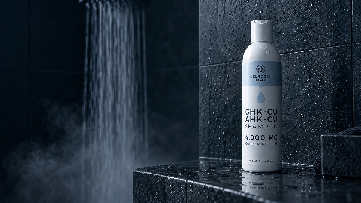 GHK-Cu + AHK-Cu Shampoo bottle in a shower niche beside falling water