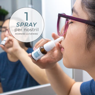 Woman applying GHK-Cu Nasal Spray with text overlay indicating one spray per nostril morning and evening.