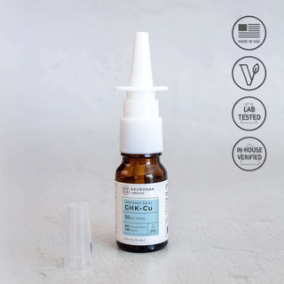 GHK-Cu Nasal Spray bottle shown with icons for vegan, lab tested, and made in USA.