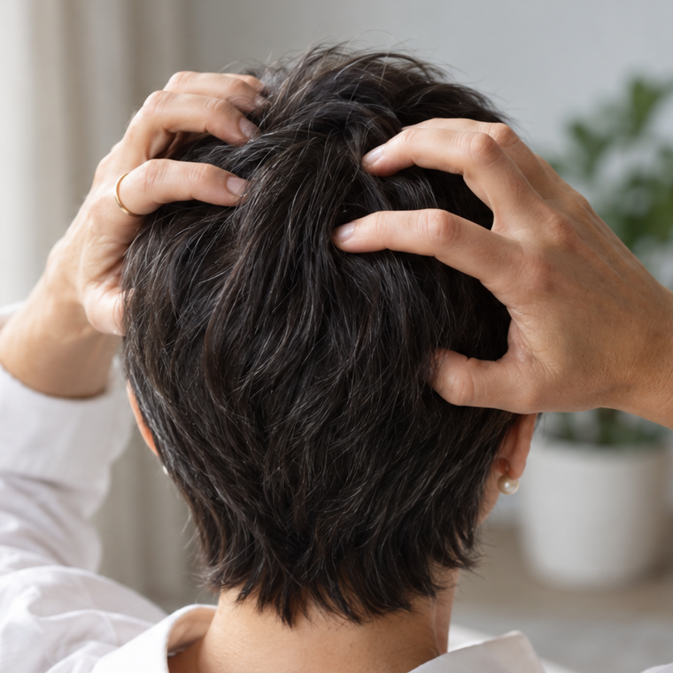 Fingertips massaging the serum into the scalp