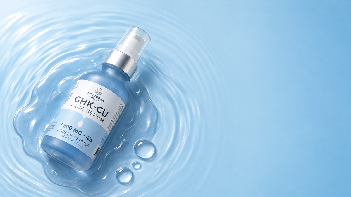 GHK-Cu Face & Neck Serum pump bottle floating in rippled blue serum