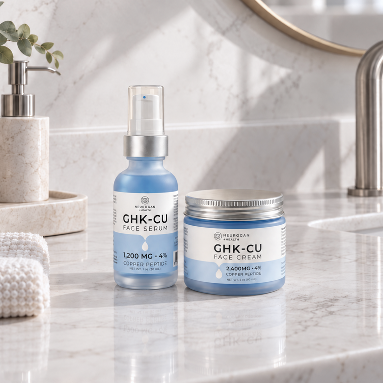 The serum next to a GHK-Cu face cream jar on a bathroom counter