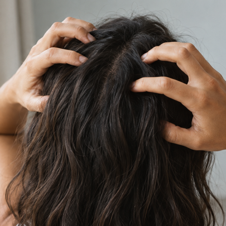 Fingertips massaging the serum into the scalp