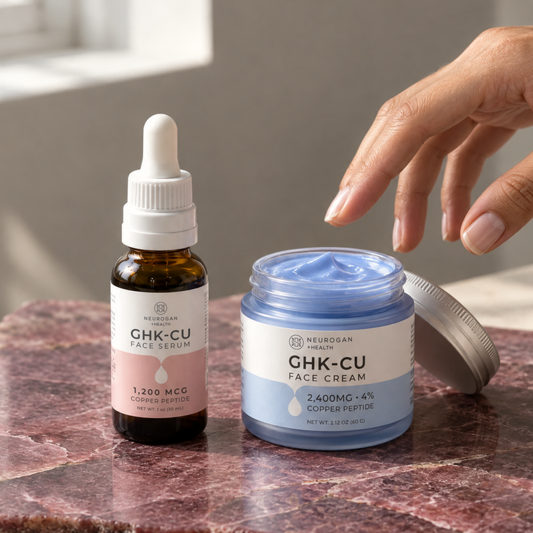 The serum next to a GHK-Cu face cream jar