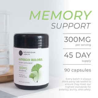 Ginkgo Biloba bottle on counter highlighting 300mg per serving and 45-day memory support supply.