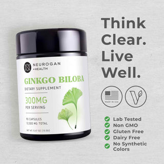 Ginkgo Biloba Capsules by Neurogan Health, 300mg for memory support, gluten-free and lab tested dietary supplement.