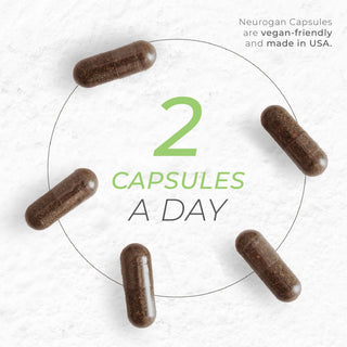 Five Ginkgo Biloba capsules arranged in a circle with text recommending two capsules per day.