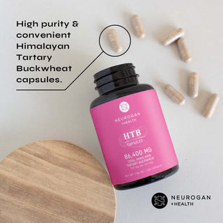 High-purity Himalayan Tartary Buckwheat capsules beside an open bottle, with a convenient daily serving texts. 