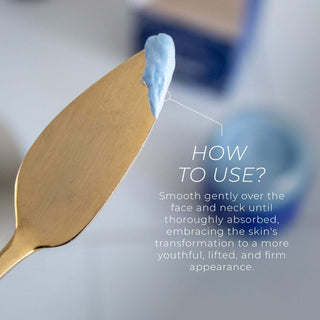 Wooden spatula with blue face cream, showing product texture and directions for face and neck application.
