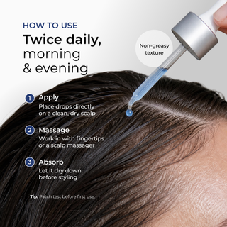 How to use Hydrating Scalp Serum: apply drops to a clean dry scalp, massage in, let it dry before styling, twice daily.