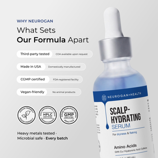 Neurogan Health Hydrating Scalp Serum with third-party tested, made in USA, cGMP certified and vegan badges.