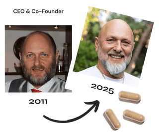 Healthy aging transformation of CEO Jan Brandrup from 2011 to 2025, showcasing improved vitality and wellness.
