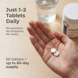 Liposomal Luteolin tablets in hand with a glass of water, promoting easy daily dosage.