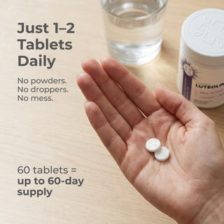 Liposomal Luteolin tablets in hand with a glass of water, promoting easy daily dosage.