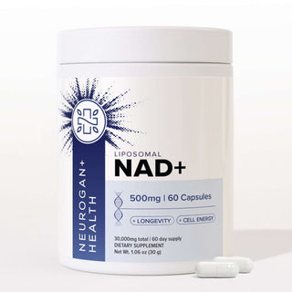 Liposomal NAD+ Capsules bottle, 500mg, 60 capsules, promotes longevity and cell energy, dietary supplement.