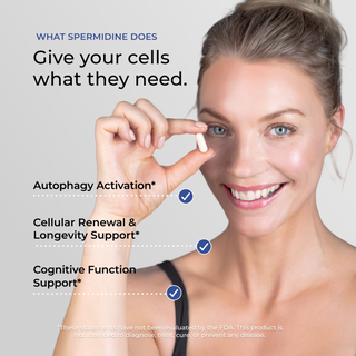 Smiling woman holding a white capsule up near her eye next to the heading 'Give your cells what they need,' with checkmarked callouts for autophagy activation, cellular renewal and longevity support, and cognitive function support, plus an FDA disclaimer.
