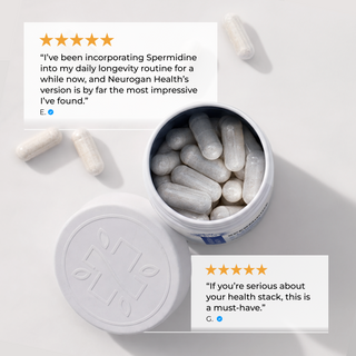 Open bottle of Neurogan Health Liposomal Spermidine filled with white capsules and loose capsules scattered nearby, alongside two five-star customer review quotes praising the product for a daily longevity routine and as a must-have for a health stack.