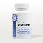 Front view of a white Neurogan Health Liposomal Spermidine bottle with a blue starburst label reading '1,200mg Per Bottle', '20mg Per Serving | 60 Capsules', '+Cellular Health', '+Longevity', 'Dietary Supplement, 60 day supply'.