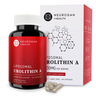 Neurogan Liposomal Urolithin A Capsules 30,000 mg total in a red-labeled bottle, 1000 mg per serving, 60 capsules.