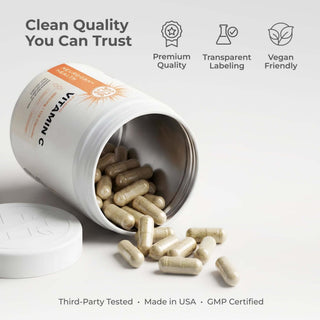 Liposomal Vitamin C capsules in a premium quality container with transparent labeling and vegan friendly certification.