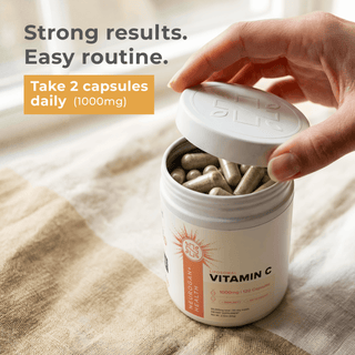 Liposomal Vitamin C capsule container displaying 1000mg dosage, promoting strong results and easy daily routine.