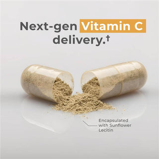 Liposomal Vitamin C capsules showcasing next-gen delivery with sunflower lecithin and powder.