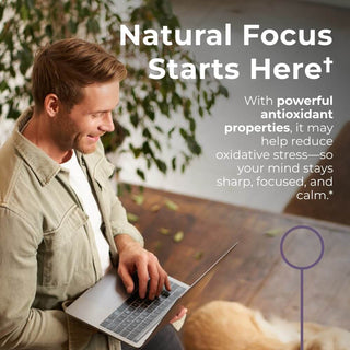 Man using a laptop indoors, highlighting natural focus and antioxidant benefits for mental clarity.