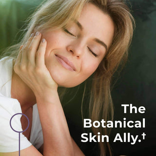 Woman enjoying skincare benefits, promoting the Botanical Skin Ally for healthy, radiant skin.