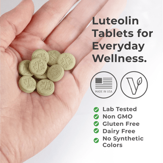 Luteolin Tablets on hand, highlighting everyday wellness benefits and quality certifications.