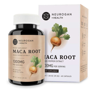 Neurogan Maca Root Capsules bottle and box with 1300mg per serving and black pepper extract.
