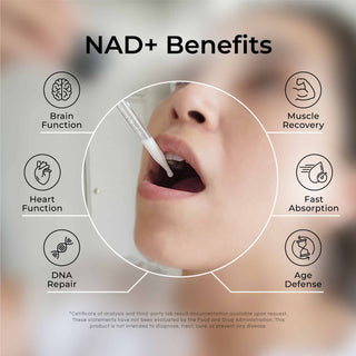 Close-up of NAD+ Liposomal Drops in use, highlighting benefits for brain and heart function, DNA repair, and muscle recovery*.