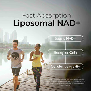 People jogging by a lake, with benefits list; Liposomal NAD+ may help boost NAD+, energize cells, and support cellular longevity*.