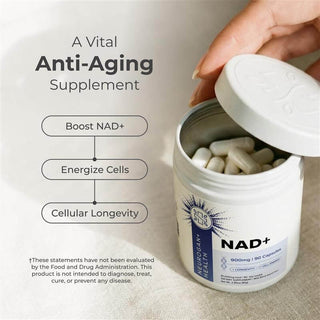 NAD+ Capsules container showcasing a vital anti-aging supplement for boosting cellular energy and longevity.