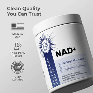 NAD+ Capsules bottle featuring 900mg per serving, third-party tested, made in USA, for healthy aging and energy boost.