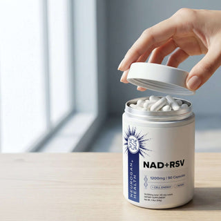 NAD + Resveratrol Capsules in a white container, showcasing 1200mg of dietary supplement for cellular health.