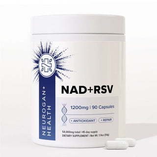 NAD + Resveratrol Capsules dietary supplement container featuring 1200mg for cellular health and longevity.