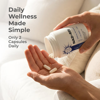 NAD + Resveratrol Capsules in hand with bottle, promoting daily wellness and healthy aging.
