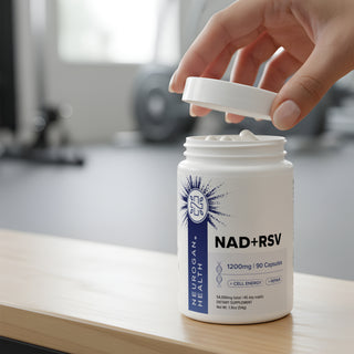 NAD + Resveratrol Capsules bottle with 1200mg formula for cellular health and longevity support.